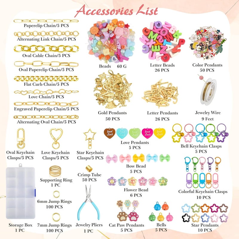 Ecoofor 501 Pcs Keychain Making Kit — Includes 30 Keychain Clips, 40 Extender Chains, 178 Charms, Beading Accessories, Jewelry Pliers — DIY Bag Charms & Jewelry Craft Kit Supplies - Image 3